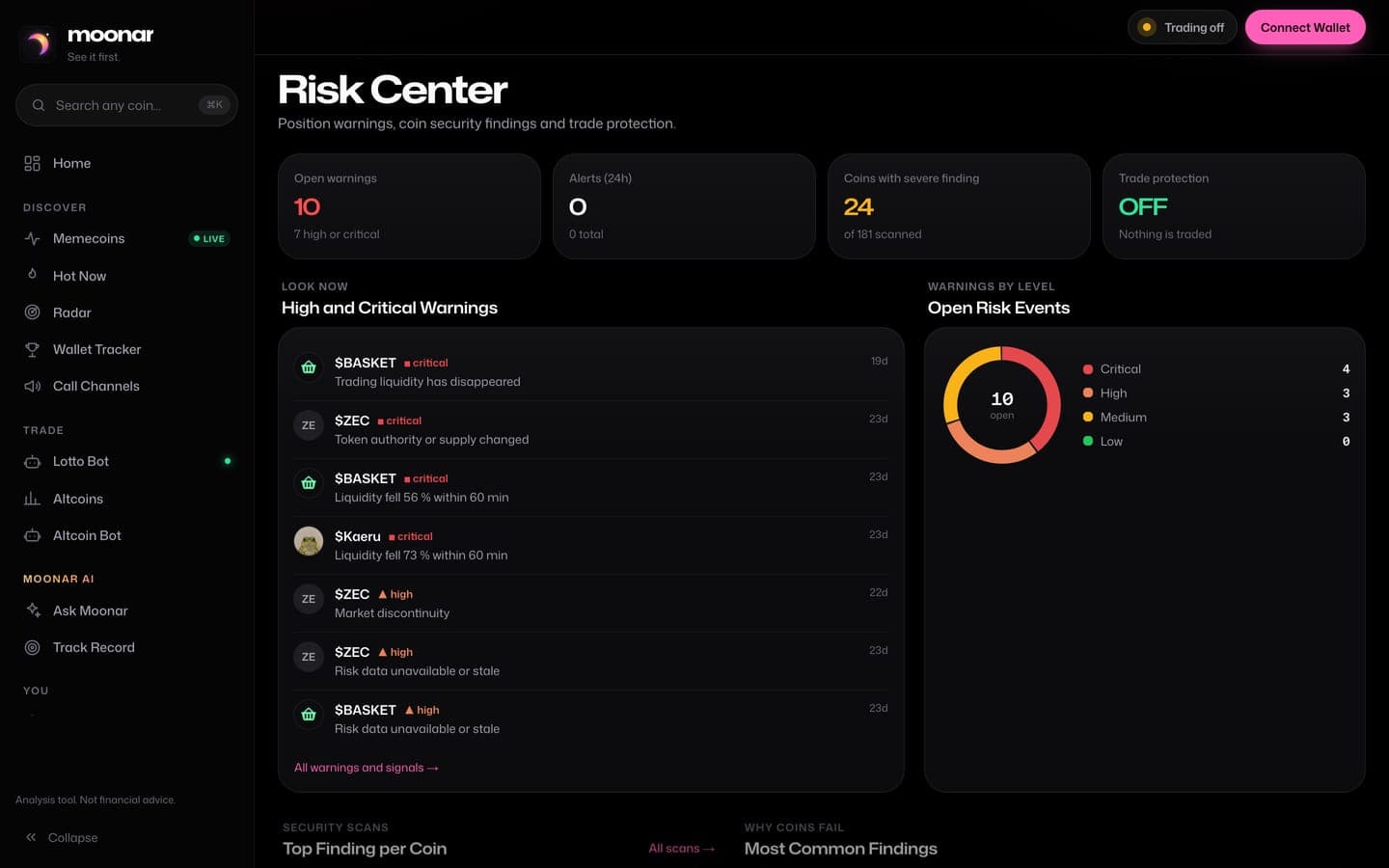 Moonar – Risk Center mit Warnungen